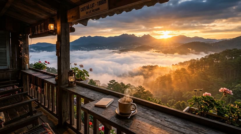 Ban công quán cà phê săn mây Đà Lạt mờ sương